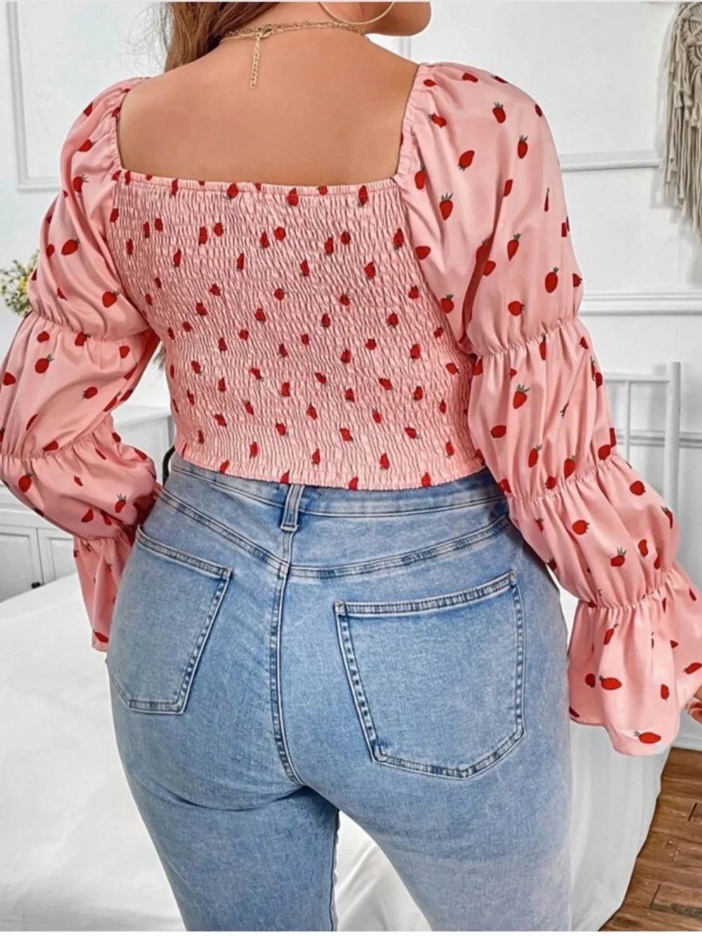 Pink Strawberry Smocked Square-Neck Crop Top plus size by SHEIN - Picture 6 of 13